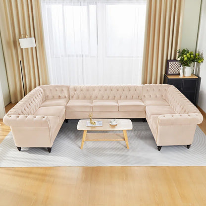 U-Shape Sectional Sofa: 3 - Piece Velvet Sectional(Beige Velvet)