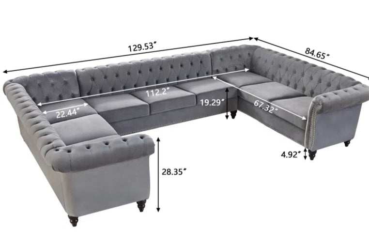 U-Shape Sectional Sofa: 3 - Piece Velvet Sectional(Gray Velvet)