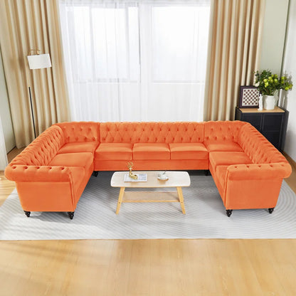 U-Shape Sofa: 3 - Piece Velvet Sectional(Orange Velvet)