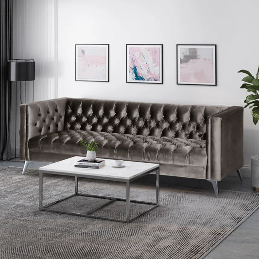 THE CASA ORO® 88" 3 Seater Sofa, Velvet Tuxedo Arm Sofa Couch(Gray)