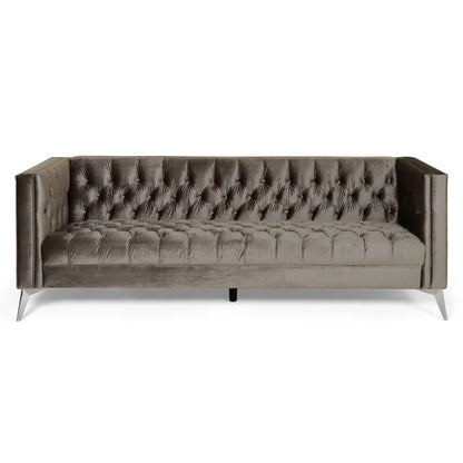 THE CASA ORO® 88" 3 Seater Sofa, Velvet Tuxedo Arm Sofa Couch(Gray)