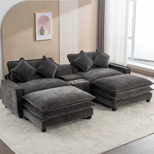 U-Shape Sectional Sofa: 4-Piece Cozy Modular Sectional Blend with Double Cushion Design(Black Chenille/Polyester Blend)