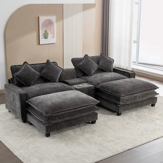 U-Shape Sectional Sofa: 4-Piece Cozy Modular Sectional Blend with Double Cushion Design(Black Chenille)