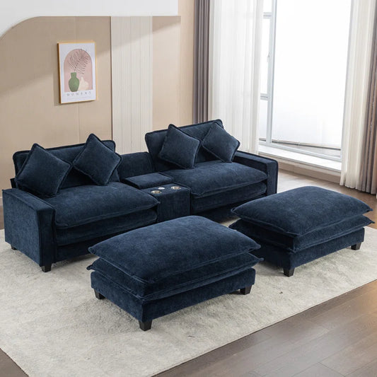 U-Shape Sectional Sofa: 4-Piece Cozy Modular Sectional Blend with Double Cushion Design(Blue Chenille/Polyester Blend)