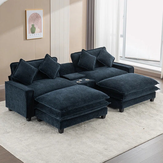 U-Shape Sectional Sofa: 4-Piece Cozy Modular Sectional Blend with Double Cushion Design(Blue Chenille)