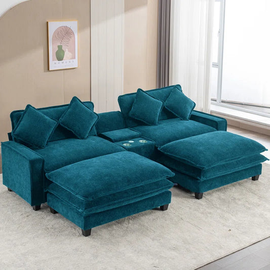 U-Shape Sectional Sofa: 4-Piece Cozy Modular Sectional Blend with Double Cushion Design(Green Chenille/Polyester Blend)