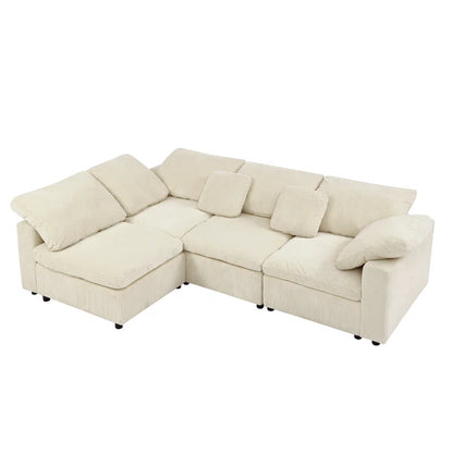 4 Seater Sofa: 149'' 4-Piece Oversize Comfy Cloud Sleeper Corduroy Sectional Sofa for Living Room(White Polyester)