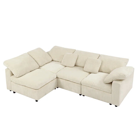 4 Seater Sofa: 149'' 4-Piece Oversize Comfy Cloud Sleeper Corduroy Sectional Sofa for Living Room(White Polyester)