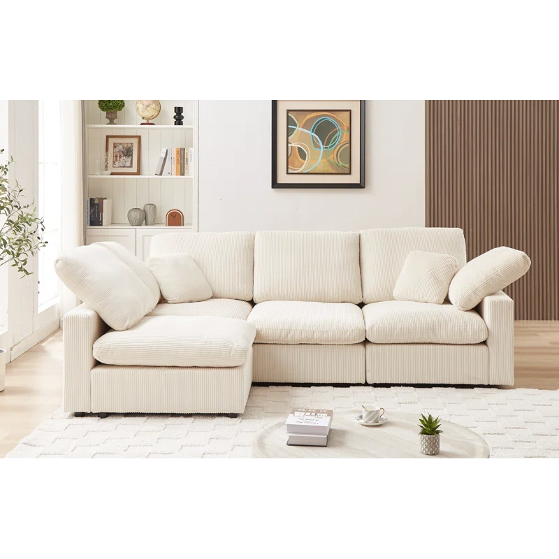 4 Seater Sofa: 149'' 4-Piece Oversize Comfy Cloud Sleeper Corduroy Sectional Sofa for Living Room(White Polyester)