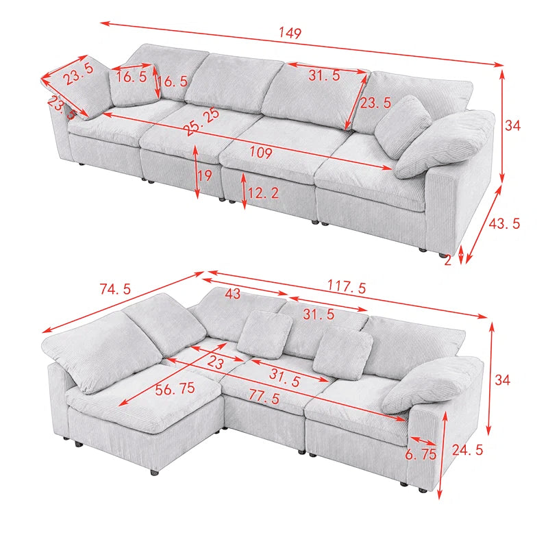 4 Seater Sofa: 149'' 4-Piece Oversize Comfy Cloud Sleeper Corduroy Sectional Sofa for Living Room(White Polyester)