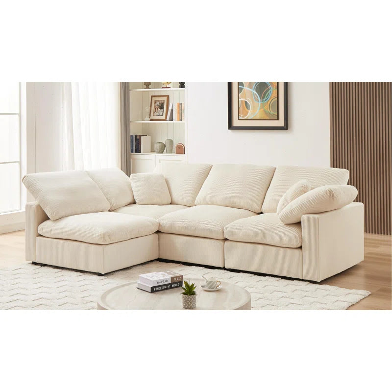 4 Seater Sofa: 149'' 4-Piece Oversize Comfy Cloud Sleeper Corduroy Sectional Sofa for Living Room(White Polyester)