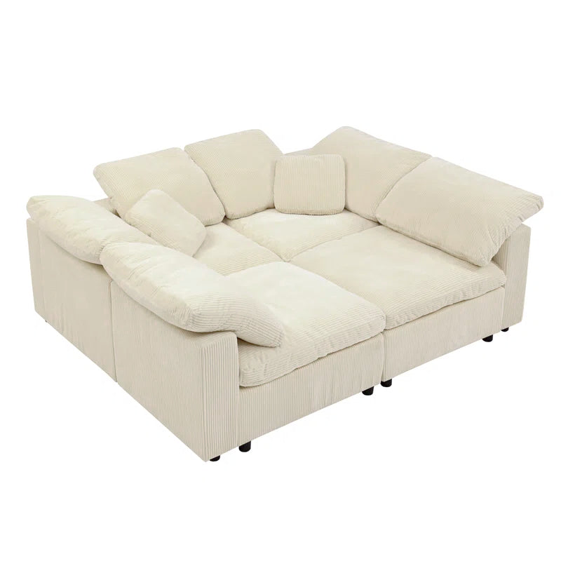 4 Seater Sofa: 149'' 4-Piece Oversize Comfy Cloud Sleeper Corduroy Sectional Sofa for Living Room(White Polyester)