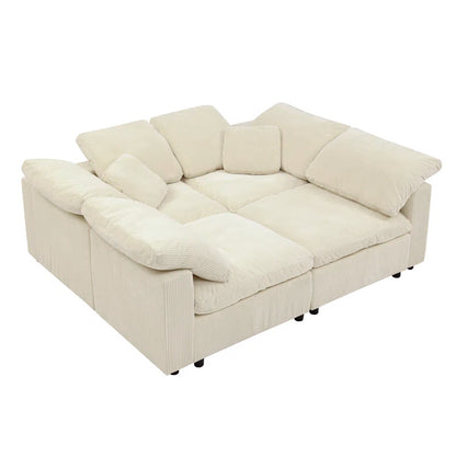 4 Seater Sofa: 149'' 4-Piece Oversize Comfy Cloud Sleeper Corduroy Sectional Sofa for Living Room(White Polyester)