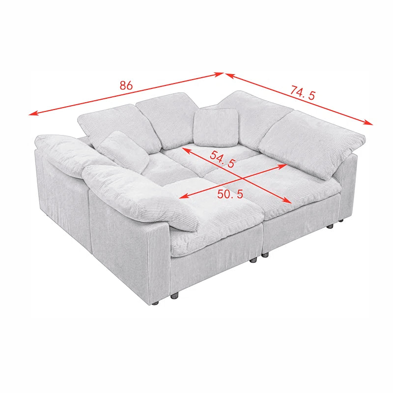 4 Seater Sofa: 149'' 4-Piece Oversize Comfy Cloud Sleeper Corduroy Sectional Sofa for Living Room(White Polyester)
