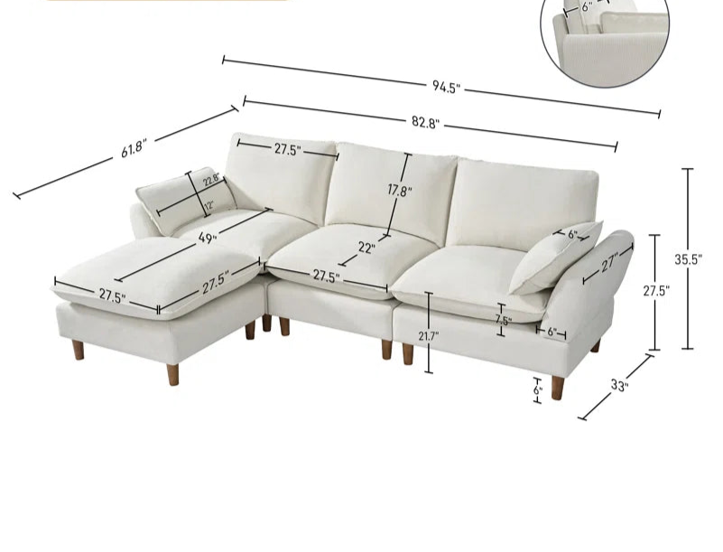 L-Shape Sectional Sofa: 4-Piece Upholstered Cloud Modular Sofa(Beige Chenille)