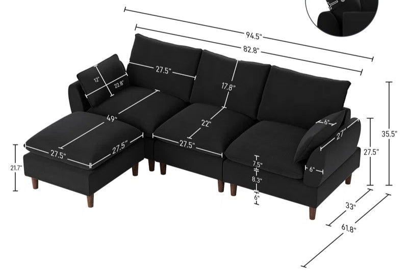 L-Shape Sectional Sofa: 4-Piece Upholstered Cloud Modular Sofa(Black Chenille)