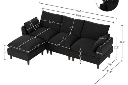 L-Shape Sectional Sofa: 4-Piece Upholstered Cloud Modular Sofa(Black Chenille)