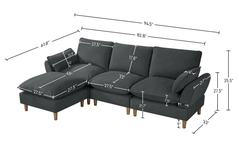 L-Shape Sectional Sofa: 4-Piece Upholstered Cloud Modular Sofa(Dark Gray Chenille)