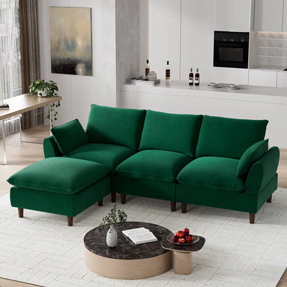 L-Shape Sectional Sofa: 4-Piece Upholstered Cloud Modular Sofa(Green Chenille)