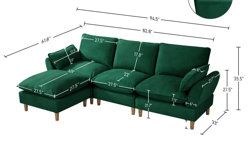 L-Shape Sectional Sofa: 4-Piece Upholstered Cloud Modular Sofa(Green Chenille)