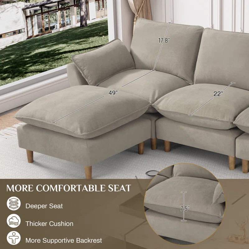 L-Shape Sectional Sofa: 4-Piece Upholstered Cloud Modular Sofa(Light Brown Chenille)