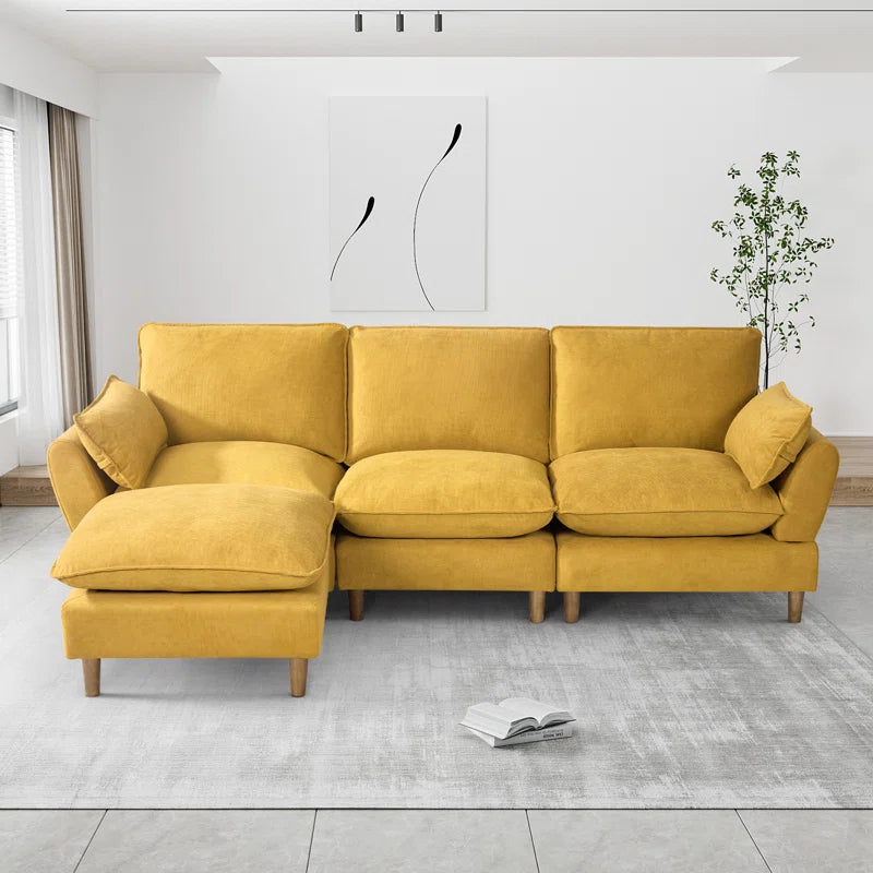 L-Shape Sectional Sofa: 4-Piece Upholstered Cloud Modular Sofa(Light Yellow Chenille)