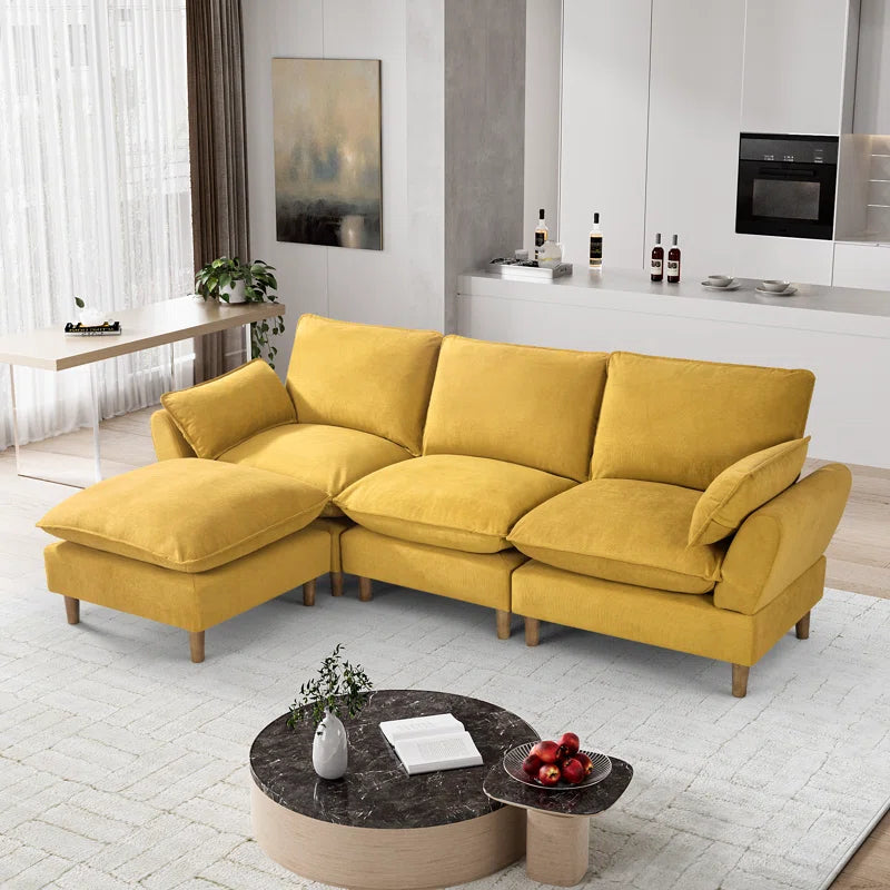 L-Shape Sectional Sofa: 4-Piece Upholstered Cloud Modular Sofa(Light Yellow Chenille)