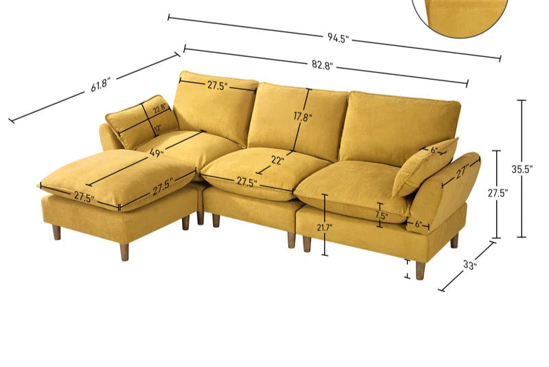 L-Shape Sectional Sofa: 4-Piece Upholstered Cloud Modular Sofa(Light Yellow Chenille)