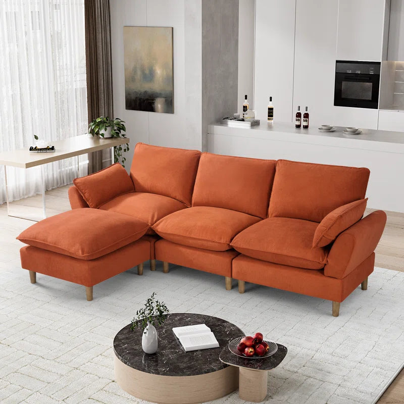 L-Shape Sectional Sofa: 4-Piece Upholstered Cloud Modular Sofa(Orange Chenille)