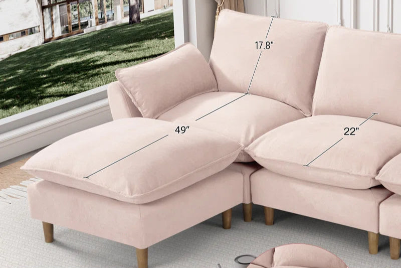 L-Shape Sectional Sofa: 4-Piece Upholstered Cloud Modular Sofa(Pink Chenille)
