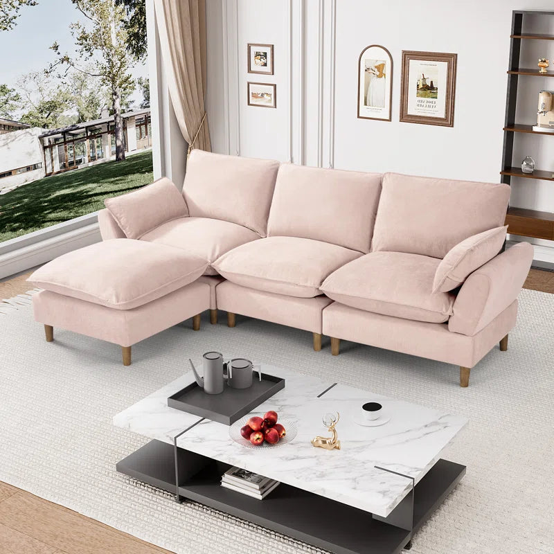 L-Shape Sectional Sofa: 4-Piece Upholstered Cloud Modular Sofa(Pink Chenille)