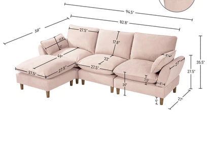 L-Shape Sectional Sofa: 4-Piece Upholstered Cloud Modular Sofa(Pink Chenille)