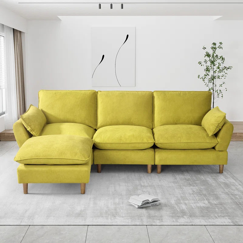L-Shape Sectional Sofa: 4-Piece Upholstered Cloud Modular Sofa(Yellow Chenille)