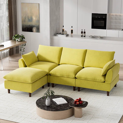 L-Shape Sectional Sofa: 4-Piece Upholstered Cloud Modular Sofa(Yellow Chenille)