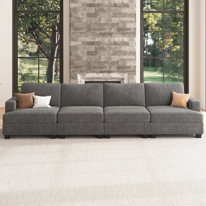 4 Seater Sofa: 4-Seater Modular Sofa Couch Upholstered Small Sectional Sofa(Light Gray Polyester)