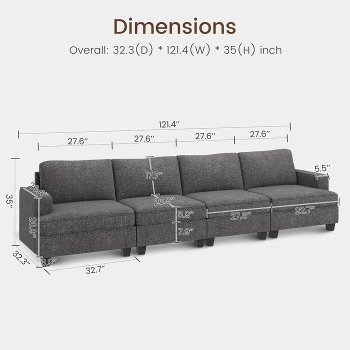 4 Seater Sofa: 4-Seater Modular Sofa Couch Upholstered Small Sectional Sofa(Light Gray Polyester)