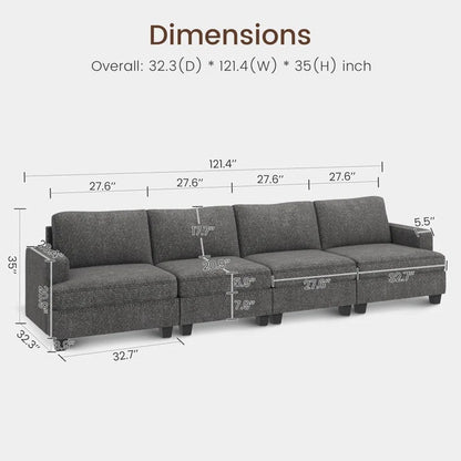 4 Seater Sofa: 4-Seater Modular Sofa Couch Upholstered Small Sectional Sofa(Light Gray Polyester)