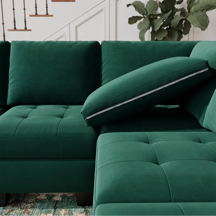 4 Seater Sofa: 3 - Pieces Velvet Sofa 4-Seater Sectional Sofa Lounge Apartment Living room Couch(Green)