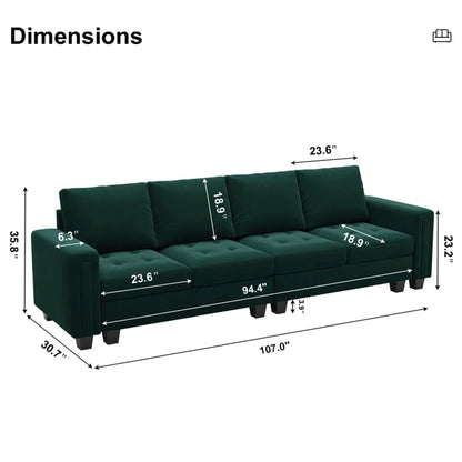 4 Seater Sofa: 3 - Pieces Velvet Sofa 4-Seater Sectional Sofa Lounge Apartment Living room Couch(Green)