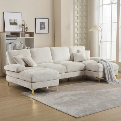 U-Shape Sectional Sofa: 114" Modern Chenille 4 Seater Upholstered Modular Sofa Sleeper With Double Lounge Chaise For Living Room(Beige Chenille)