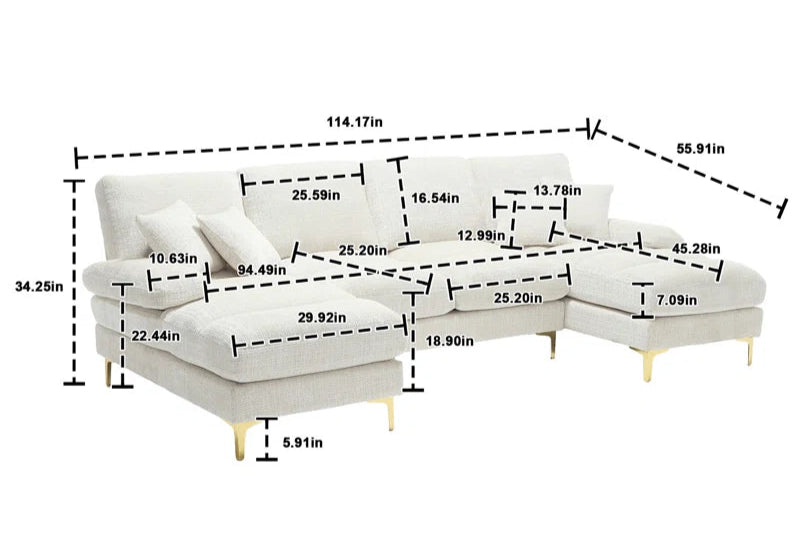 U-Shape Sectional Sofa: 114" Modern Chenille 4 Seater Upholstered Modular Sofa Sleeper With Double Lounge Chaise For Living Room(Beige Chenille)