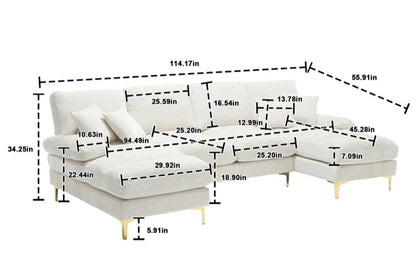 U-Shape Sectional Sofa: 114" Modern Chenille 4 Seater Upholstered Modular Sofa Sleeper With Double Lounge Chaise For Living Room(Beige Chenille)