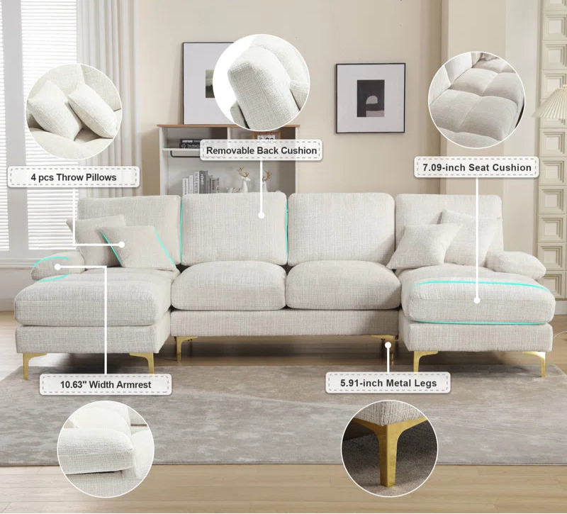 U-Shape Sectional Sofa: 114" Modern Chenille 4 Seater Upholstered Modular Sofa Sleeper With Double Lounge Chaise For Living Room(Beige Chenille)