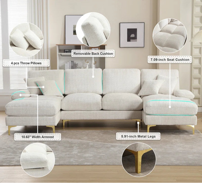 U-Shape Sectional Sofa: 114" Modern Chenille 4 Seater Upholstered Modular Sofa Sleeper With Double Lounge Chaise For Living Room(Beige Chenille)