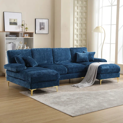 U-Shape Sectional Sofa: 114" Modern Chenille 4 Seater Upholstered Modular Sofa Sleeper With Double Lounge Chaise For Living Room(Blue Chenille)