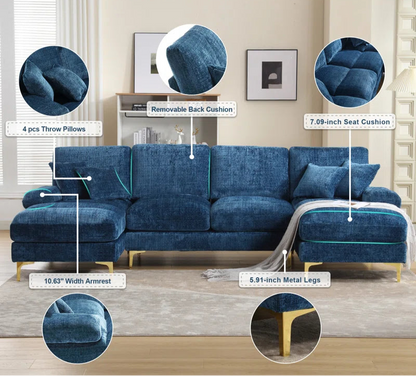 U-Shape Sectional Sofa: 114" Modern Chenille 4 Seater Upholstered Modular Sofa Sleeper With Double Lounge Chaise For Living Room(Blue Chenille)