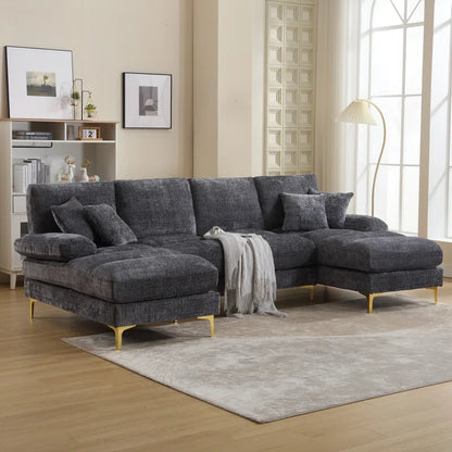 U-Shape Sectional Sofa: 114" Modern Chenille 4 Seater Upholstered Modular Sofa Sleeper With Double Lounge Chaise For Living Room(Gray Chenille)