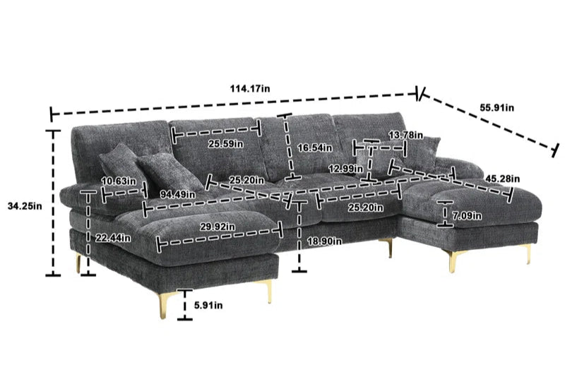 U-Shape Sectional Sofa: 114" Modern Chenille 4 Seater Upholstered Modular Sofa Sleeper With Double Lounge Chaise For Living Room(Gray Chenille)