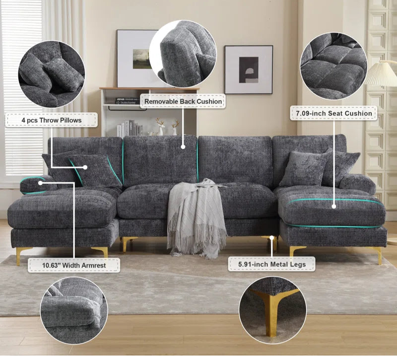 U-Shape Sectional Sofa: 114" Modern Chenille 4 Seater Upholstered Modular Sofa Sleeper With Double Lounge Chaise For Living Room(Gray Chenille)