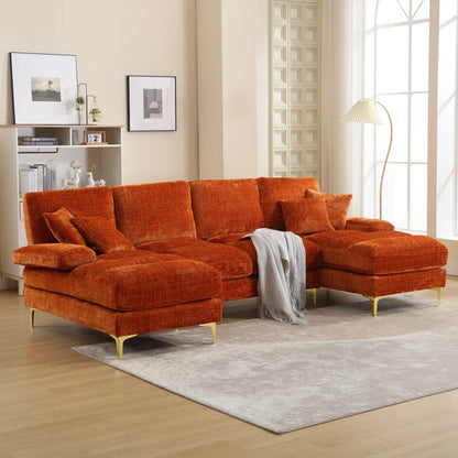 U-Shape Sectional Sofa: 114" Modern Chenille 4 Seater Upholstered Modular Sofa Sleeper With Double Lounge Chaise For Living Room(Orange Chenille)